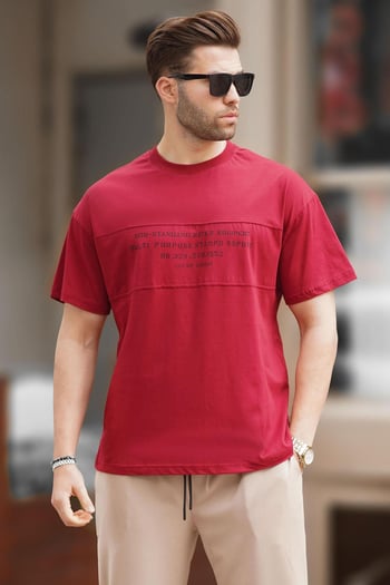 Bordo Oversize Bisiklet Yaka Baskılı Erkek Tişört 7018