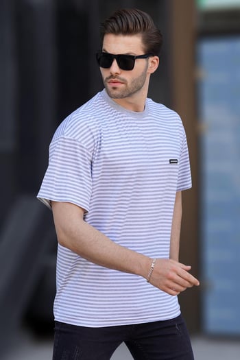 Gri Bisiklet Yaka Çizgili Kısa Kollu Arma Detaylı Erkek T-shirt 7031