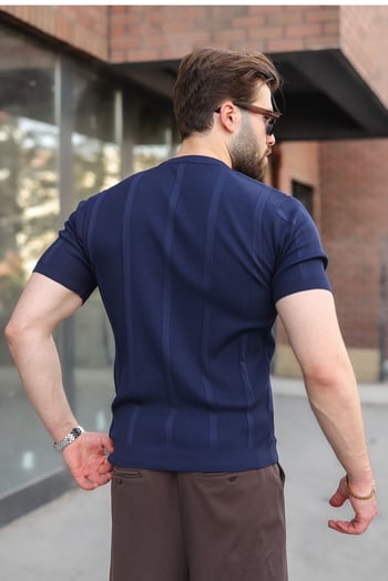Lacivert Regular Fit Bisiklet Yaka Fitilli Triko Erkek Tişört E7490