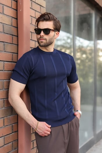 Lacivert Regular Fit Bisiklet Yaka Fitilli Triko Erkek Tişört E7490