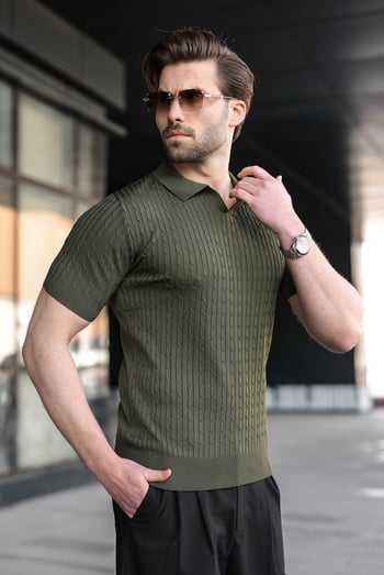 Haki Slim Fit Polo Yaka Triko Erkek Tişört E7472