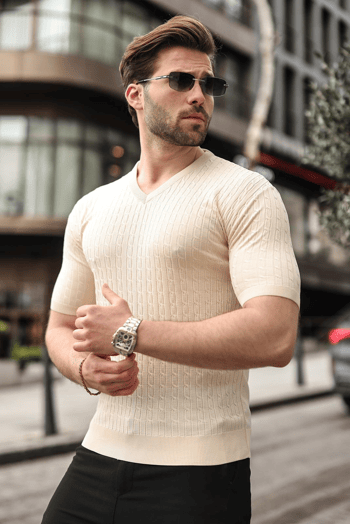 Taş Rengi V Yaka Kısa Kollu Triko Erkek Tişört E7467