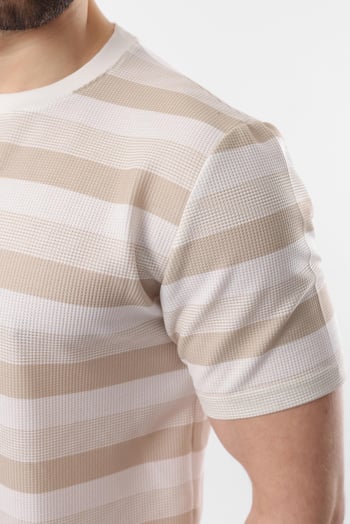 Bej Bisiklet Yaka Çizgili Erkek T-shirt E7118