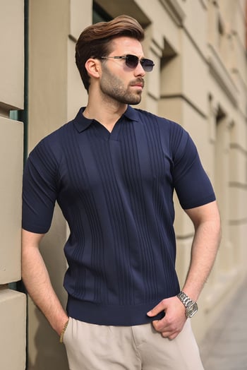 Lacivert Polo Yaka Triko Erkek Tişört E7469