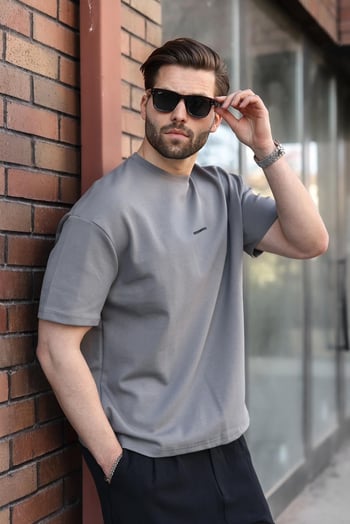 Füme Bisiklet Yaka Oversize Erkek Tişört E7176