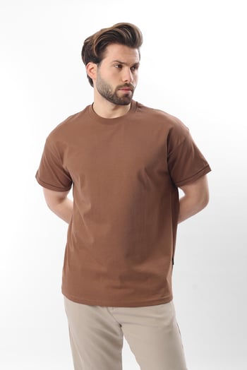 Kahverengi Bisiklet Yaka Çoban Dikişli Overfit Erkek T-shirt E7103