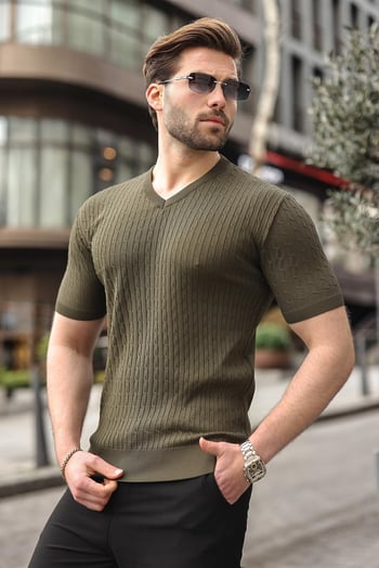 Haki V Yaka Kısa Kollu Triko Erkek Tişört E7467