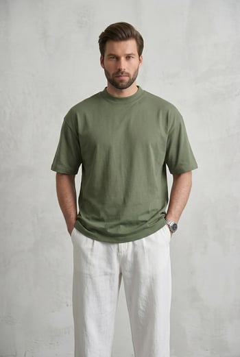 Erkek Haki Oversize Fit Basic Tişört 6066