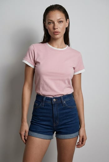 Pudra Bisiklet Yaka Çift Renkli Basic Tişört MG2682