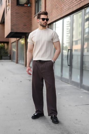Taş Rengi Regular Fit Bisiklet Yaka Fitilli Triko Erkek Tişört E7490