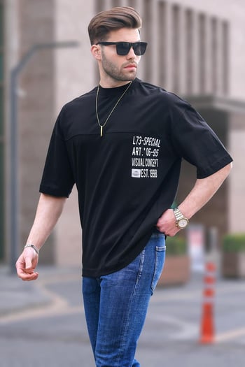 Siyah Oversize Baskılı Erkek Tişört 6193