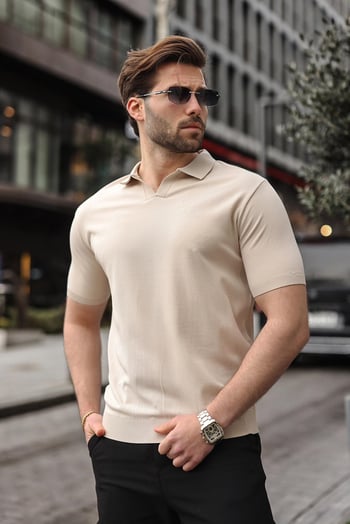 Taş Rengi Polo Yaka Triko Kısa Kollu Erkek Tişört E7463