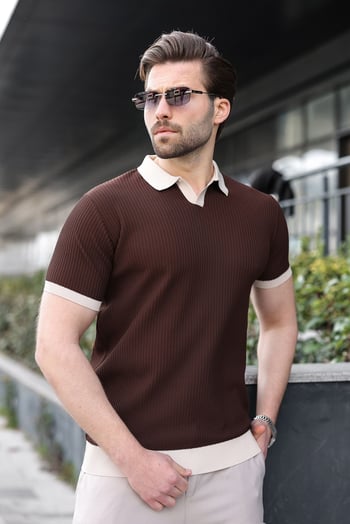Kahverengi Polo Yaka Triko Erkek Tişört E7464