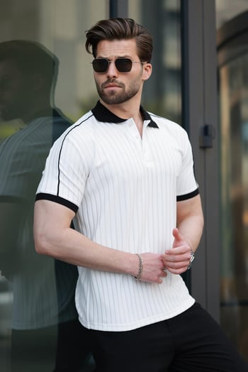 Ekru Desenli Polo Yaka Triko Erkek Tişört E7155