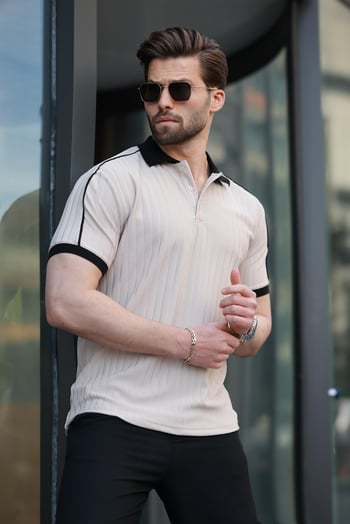 Bej Desenli Polo Yaka Triko Erkek Tişört E7155 Tişört