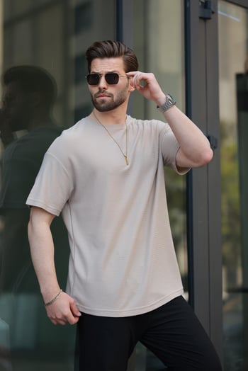 Bej Basic Bisiklet Yaka Erkek Tişört E7133