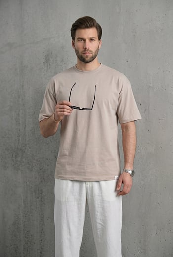 Erkek Taş Rengi Oversize Fit Basic Tişört 6066