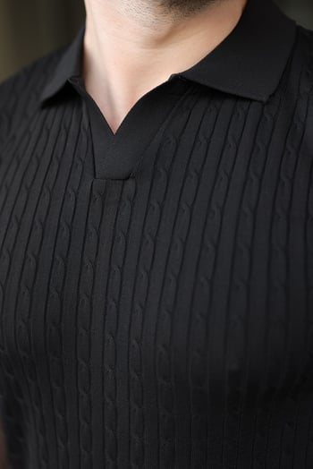 Siyah Slim Fit Polo Yaka Triko Erkek Tişört E7472