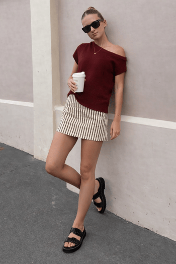 Bordo Salaş Fit Düşük Omuz Tişört MG2814