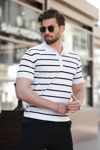 Beyaz Çizgili Polo Yaka Triko Erkek T-shirt E7405