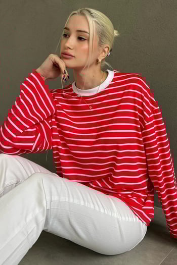 Kırmızı Bisiklet Yaka Çizgili Uzun Kollu Tişört MG2362