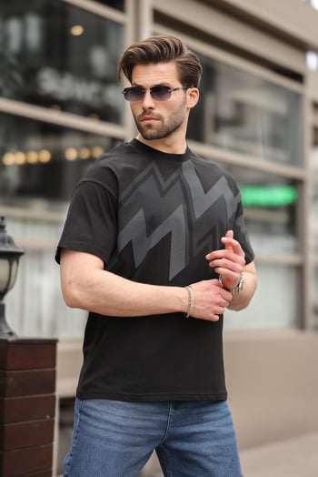 Siyah Baskılı %100 Pamuk Erkek T-shirt E7111