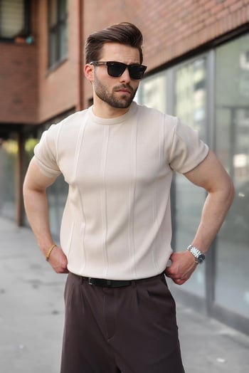 Taş Rengi Regular Fit Bisiklet Yaka Fitilli Triko Erkek Tişört E7490