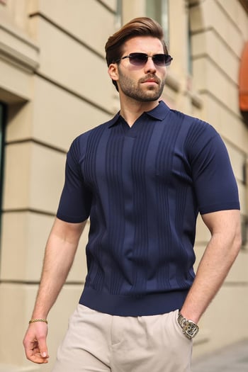 Lacivert Polo Yaka Triko Erkek Tişört E7469