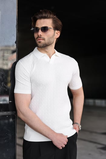 Beyaz Slim Fit Polo Yaka Triko Erkek Tişört E7472