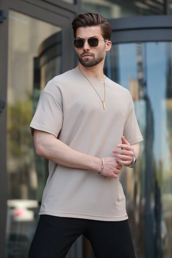 Bej Basic Bisiklet Yaka Erkek Tişört E7133