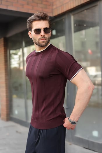 Mürdüm Bisiklet Yaka Regular Fit Triko Erkek Tişört E7487