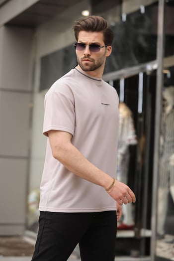 Bej Nakış Detaylı Basic Erkek T-shirt E7106