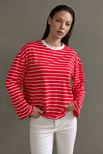 Kırmızı Bisiklet Yaka Çizgili Uzun Kollu Tişört MG2362
