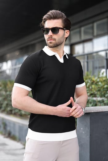 Siyah Polo Yaka Triko Erkek Tişört E7464