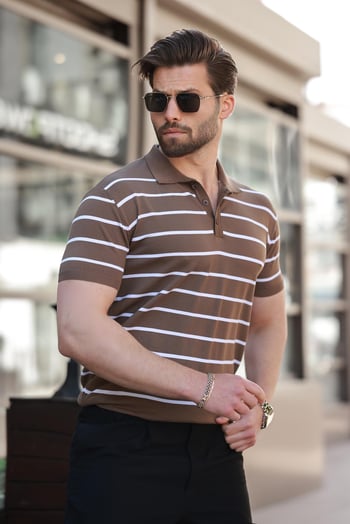 Vizon Çizgili Polo Yaka Triko Erkek T-shirt E7405
