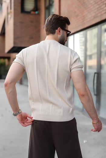Taş Rengi Regular Fit Bisiklet Yaka Fitilli Triko Erkek Tişört E7490