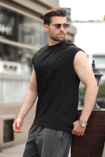 Siyah Kolsuz %100 Pamuklu Basic Erkek T-shirt E7137