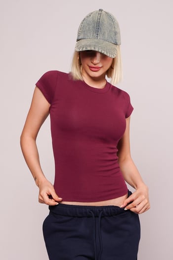 Bordo Bisiklet Yaka Basic Kadın T-shirt Mg2479