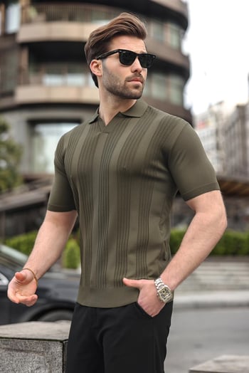 Haki Polo Yaka Triko Erkek Tişört E7469