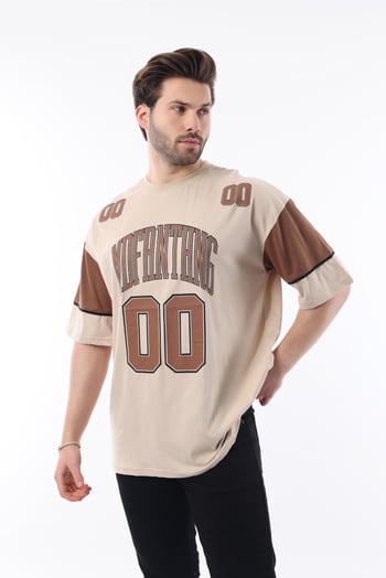 Bej Baskılı Pamuklu Oversize Erkek T-shirt 7035