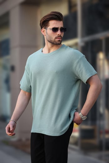 Madmext Mint Yeşili Bisiklet Yaka Oversize Erkek T-shirt E7134