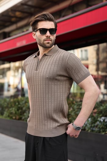 Açık Kahverengi Polo Yaka Slim Fit Triko Erkek Tişört E7465