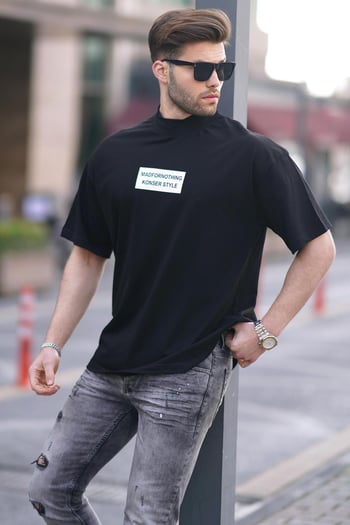 Siyah Yalancı Dik Yaka Oversize Erkek Tişört 7005