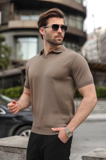 Açık Kahverengi Polo Yaka Triko Kısa Kollu Erkek Tişört E7463