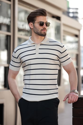 Bej Çizgili Polo Yaka Triko Erkek T-shirt E7405