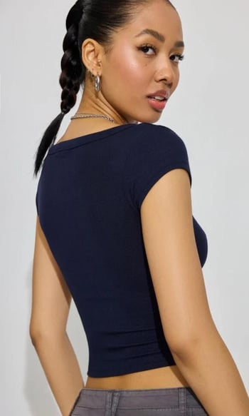Madmext Lacivert Geniş Yaka Kadın T-shirt Mg2341