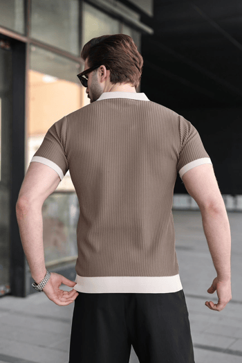 Açık Kahverengi Polo Yaka Triko Erkek Tişört E7464