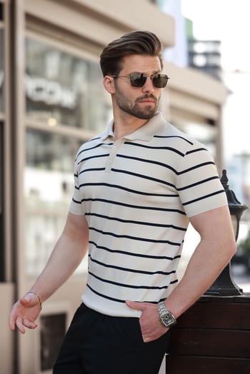 Bej Çizgili Polo Yaka Triko Erkek T-shirt E7405