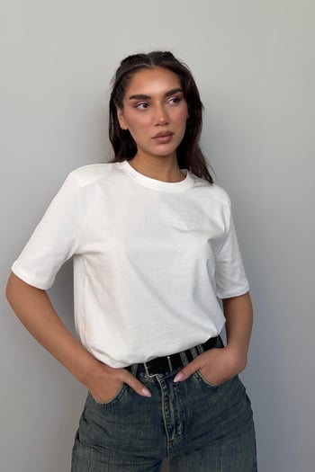 Beyaz %100 Pamuk Vatkalı Oversize Kadın T-shirt Mg2442