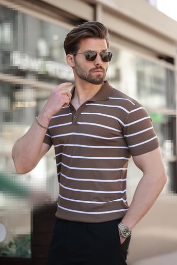 Vizon Çizgili Polo Yaka Triko Erkek T-shirt E7405